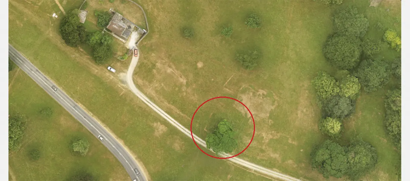 Drone footage showing the foundations of the blacksmith’s house and neighbouring houses. The outline of the workshop, further down, is now hidden by trees. 