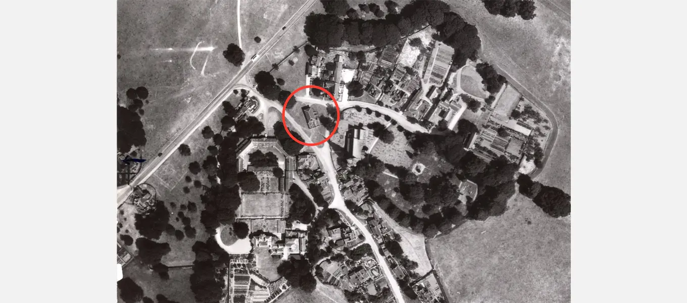 An aerial map of Edensor which shows the school (circled in red) in 1942, eight years before it was torn down