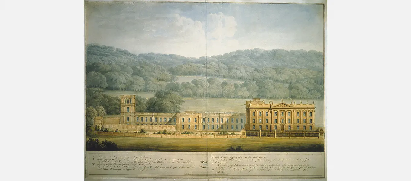 Watercolour of Chatsworth’s West Front by Jeffry Wyatville, showing his plans for the great North Wing which was added by the 6th Duke to the 17th-century house. 