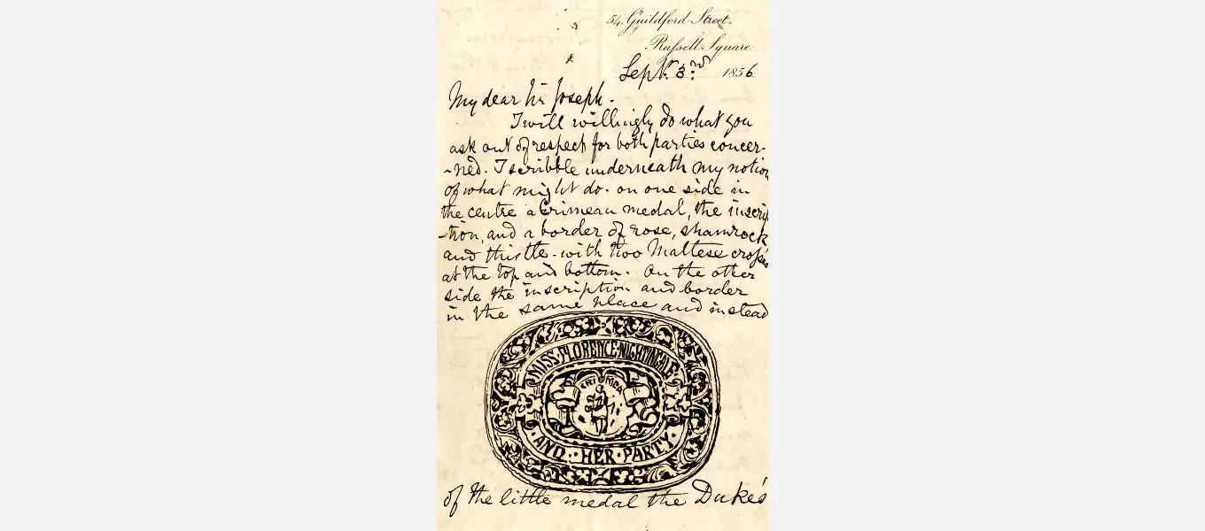 First page of the letter from Matthew Digby Wyatt containing his design for an ivory ticket to be issued to Florence Nightingale by the Duke.