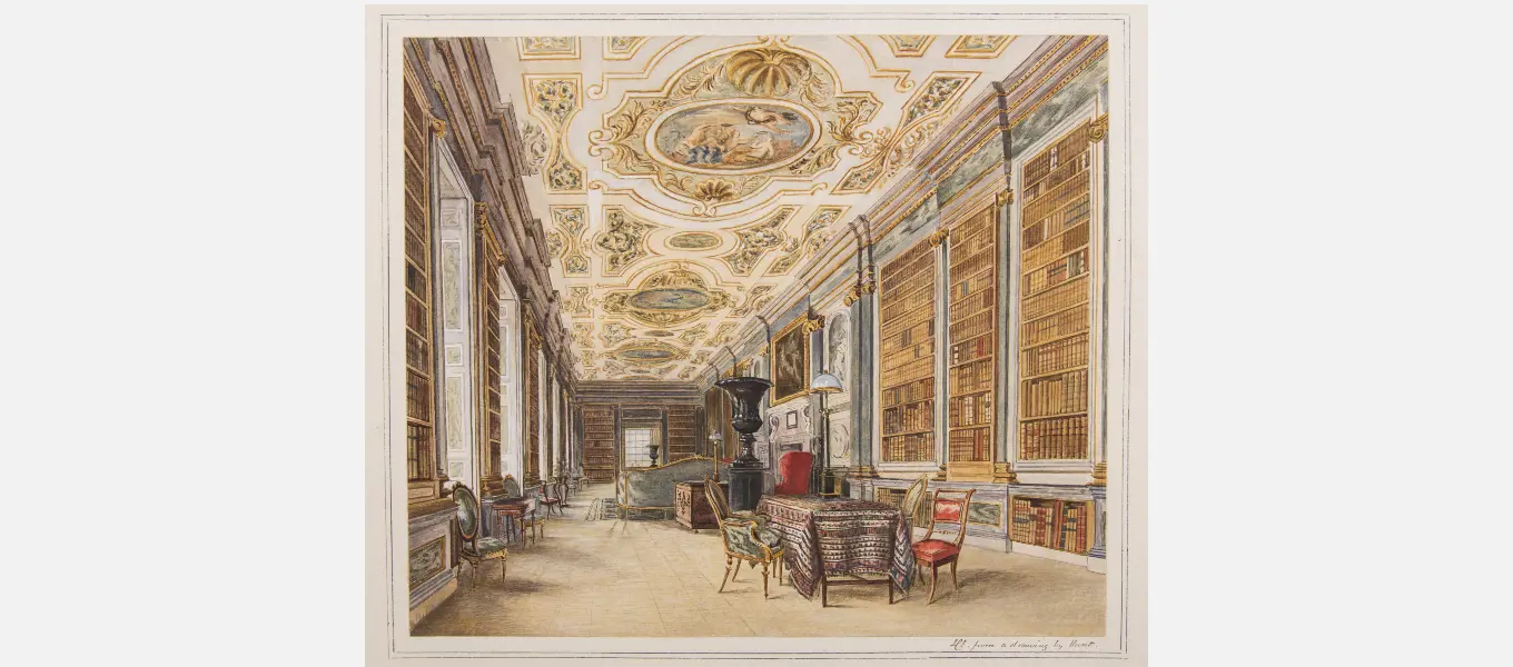 Watercolour of the Library by Lady Louisa Egerton, after William Henry Hunt’s original