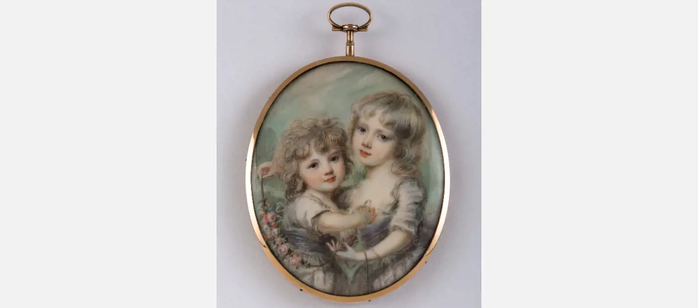 Portrait miniature of Lady Harriet Cavendish (left) with her older sister Lady Georgiana, early 19th century. British school, after Richard Cosway. 