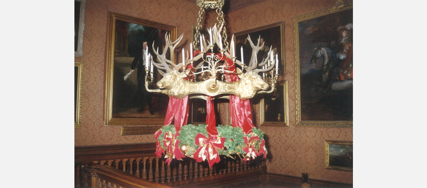 A fantastic kissing bough was suspended from the Stag Chandelier