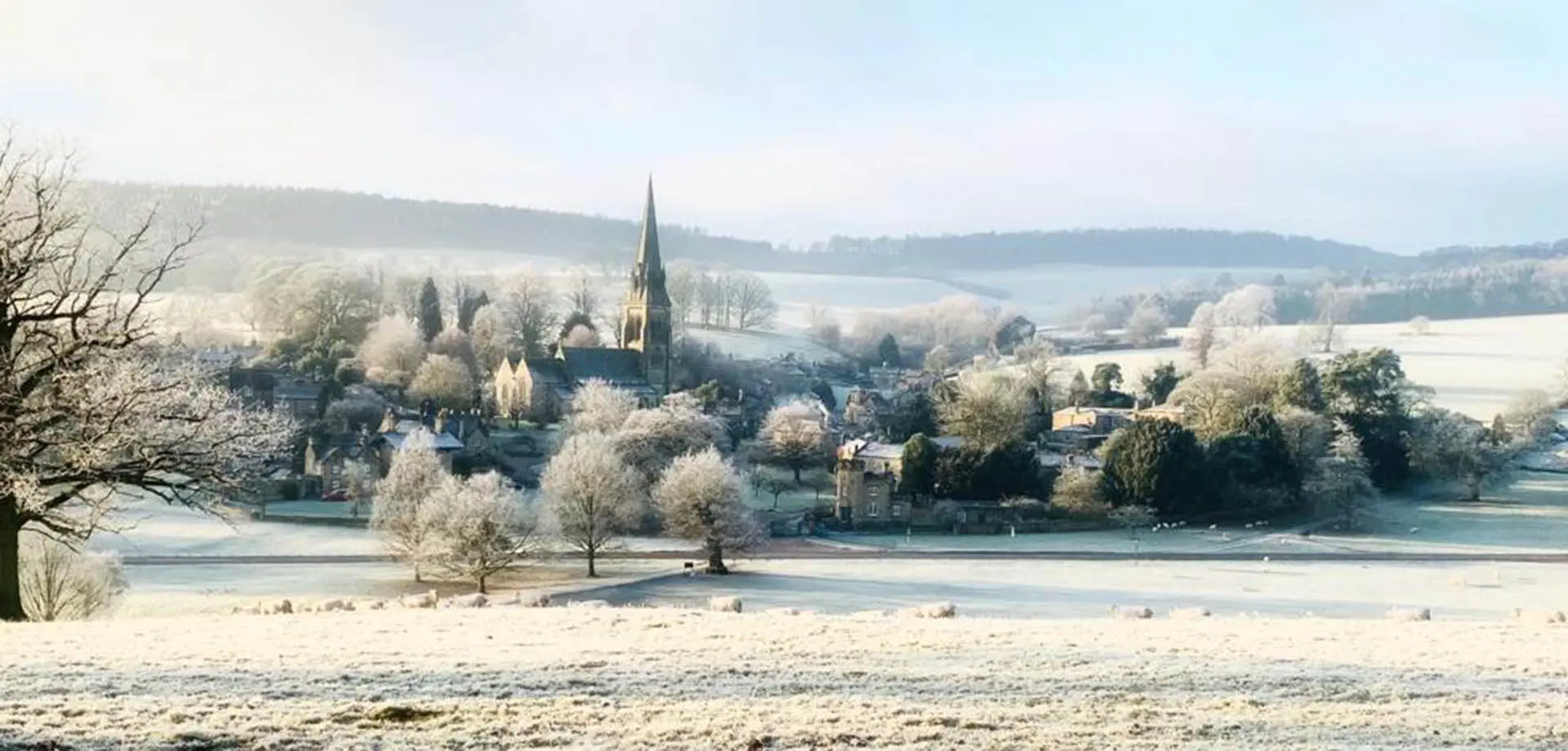 View from Chatsworth to Edensor village at winter time