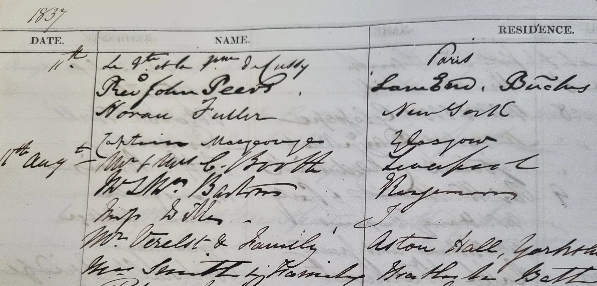 An extract from the visitors’ book which includes the entry for Mr Verelst and family of Aston Hall. 